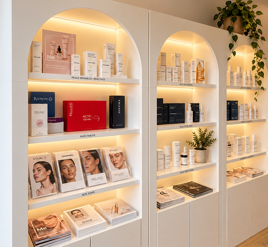 Étagères de soins dermatologiques au cabinet